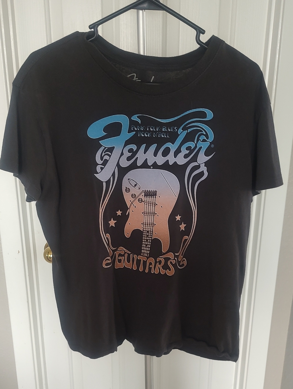 Fender Black Tee with Blue and Tan Guitar Print